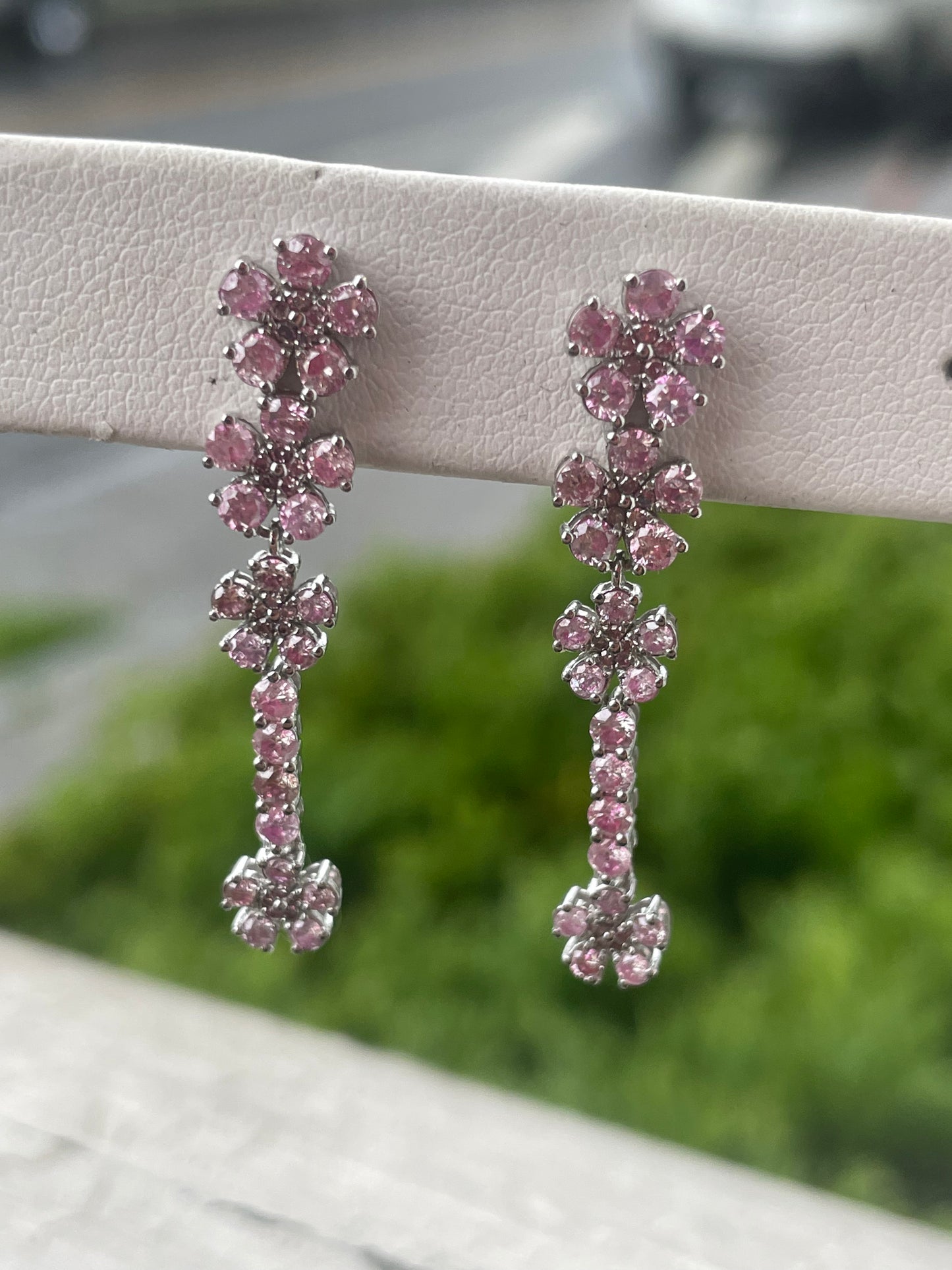 14k White Gold Pink Diamond Flower Dangle Earrings