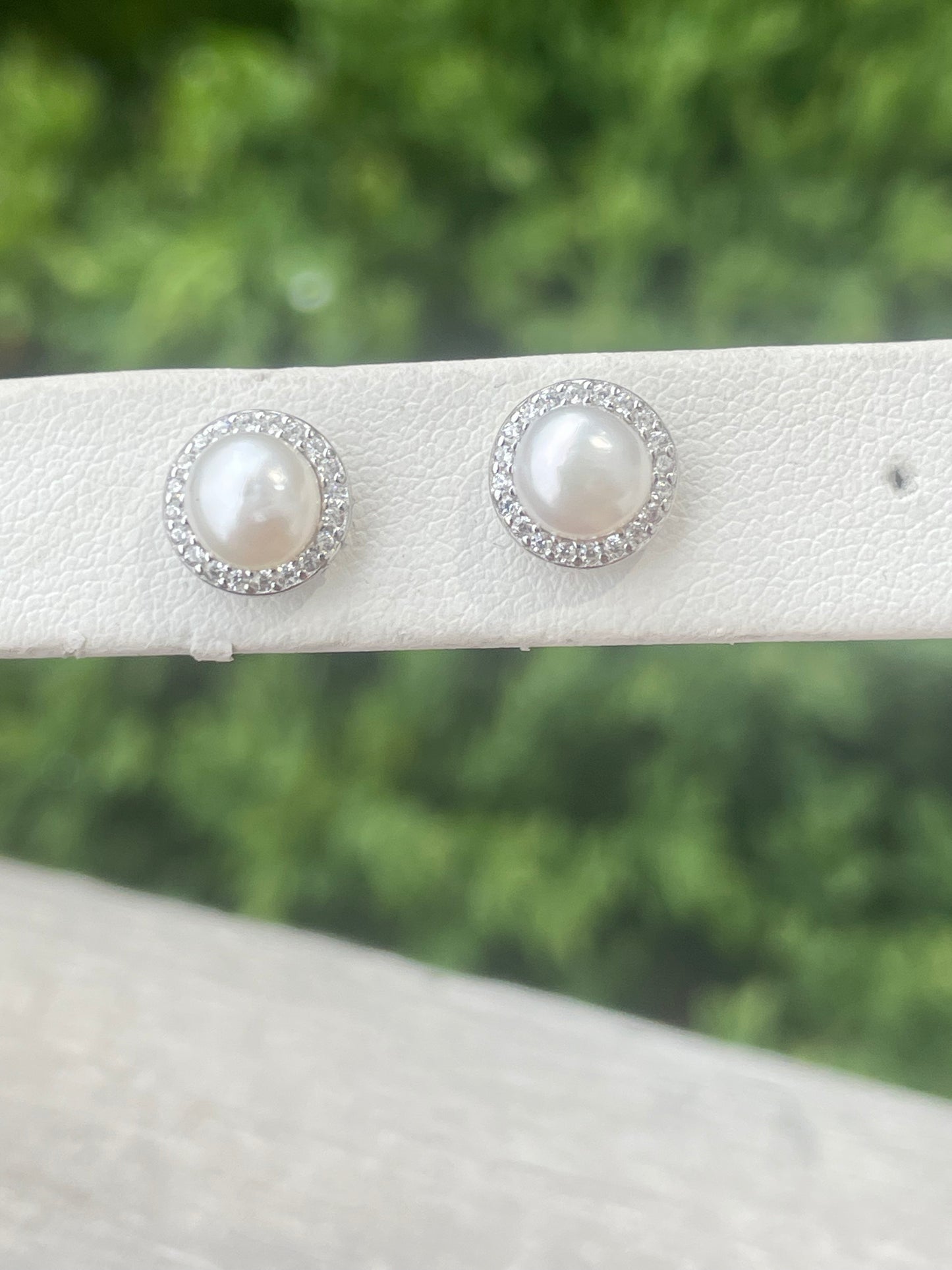 925 Sterling Silver Pearl Earring Studs with Clear Zirconia Halos