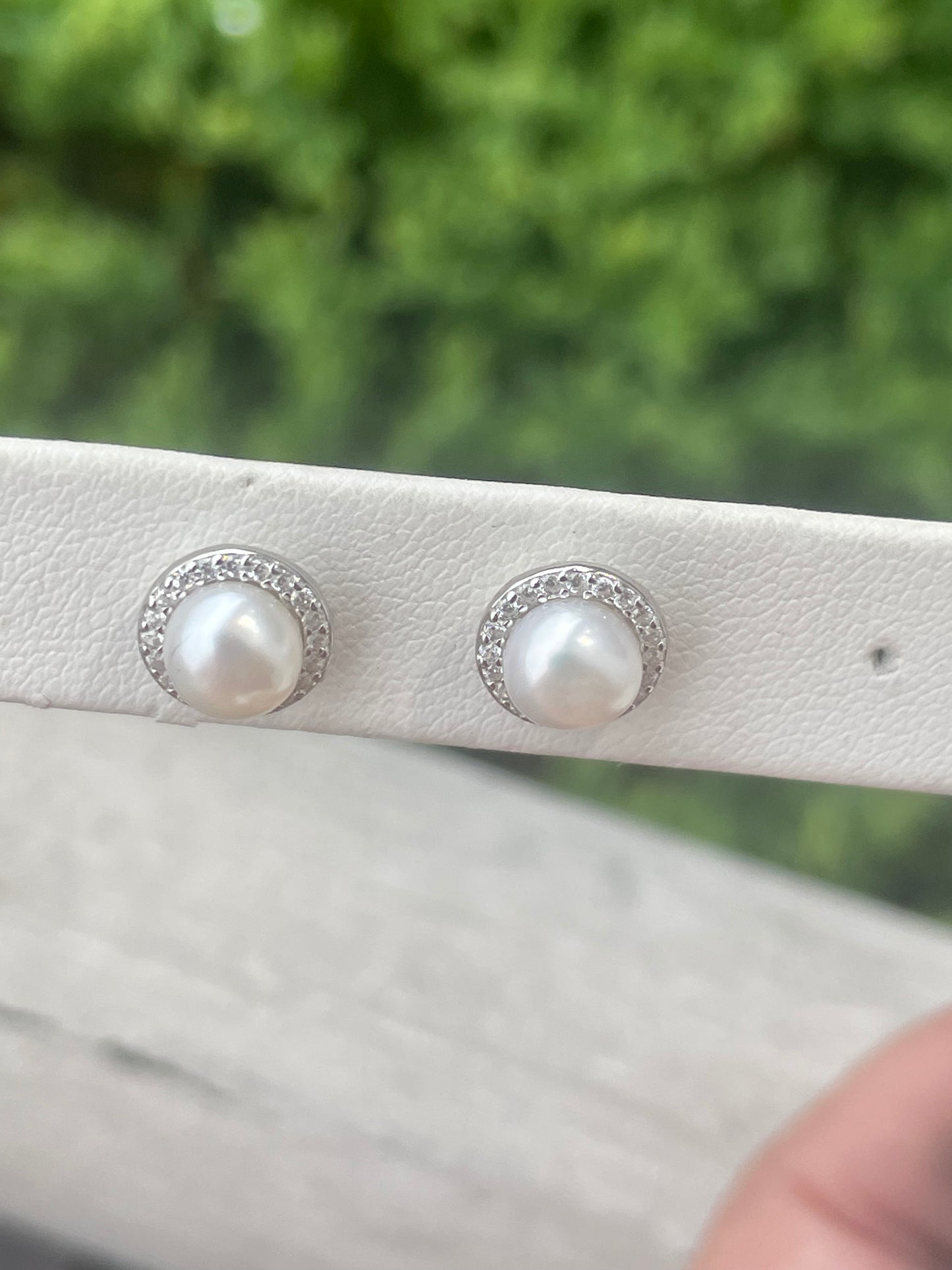 925 Sterling Silver Pearl Earring Studs with Clear Zirconia Halos