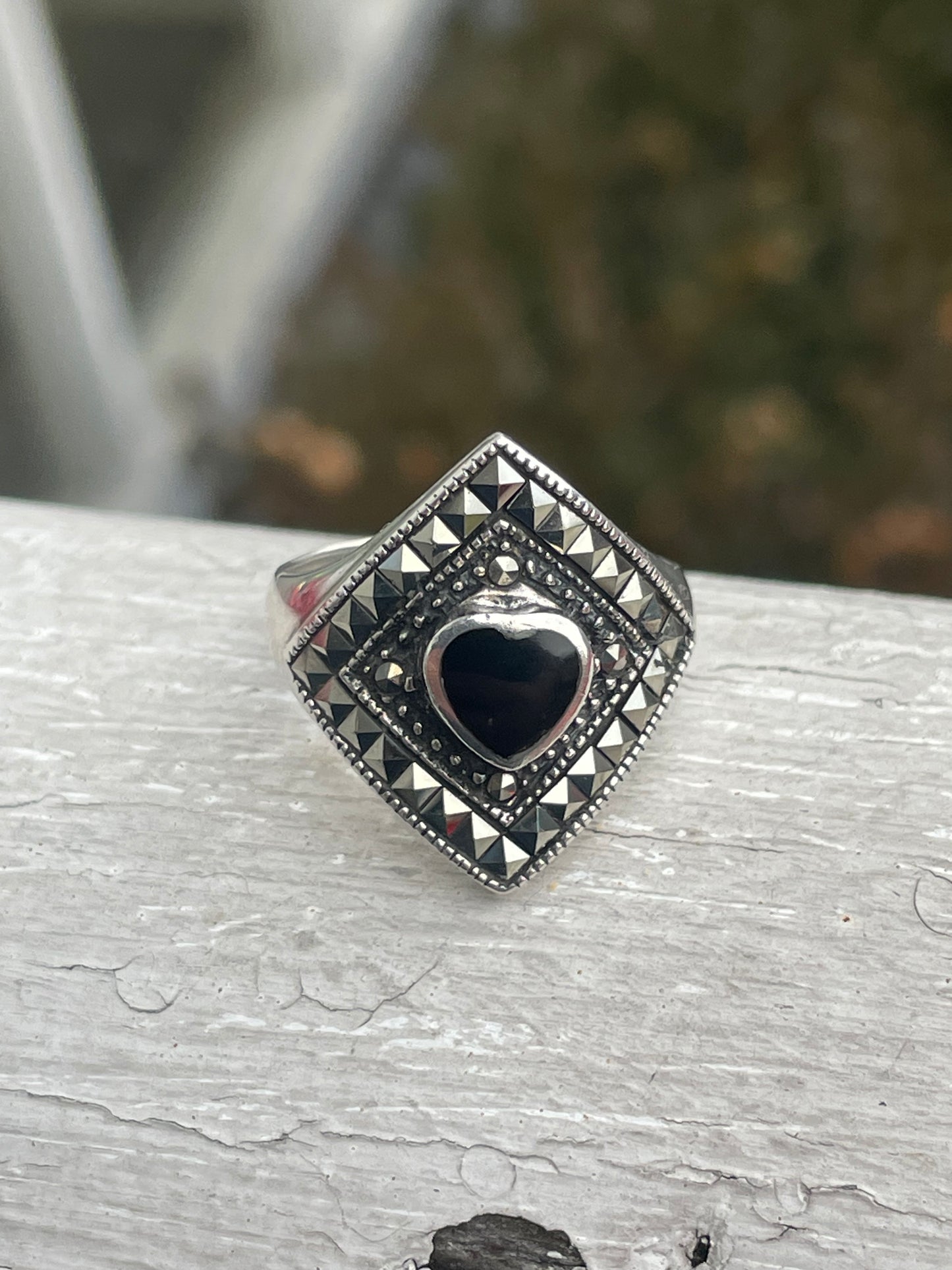 925 Sterling Silver Black Onyx & Marcasite Ring