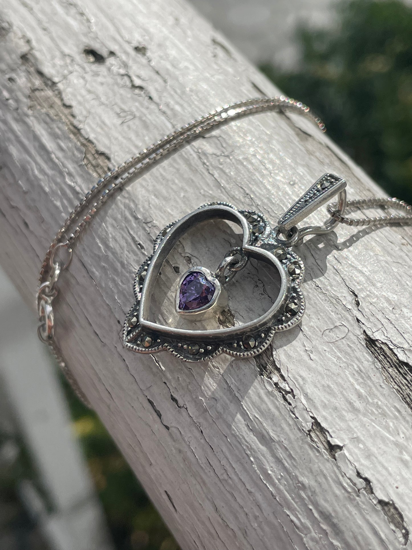 925 Sterling Silver Amethyst & Marcasite Heart Necklace
