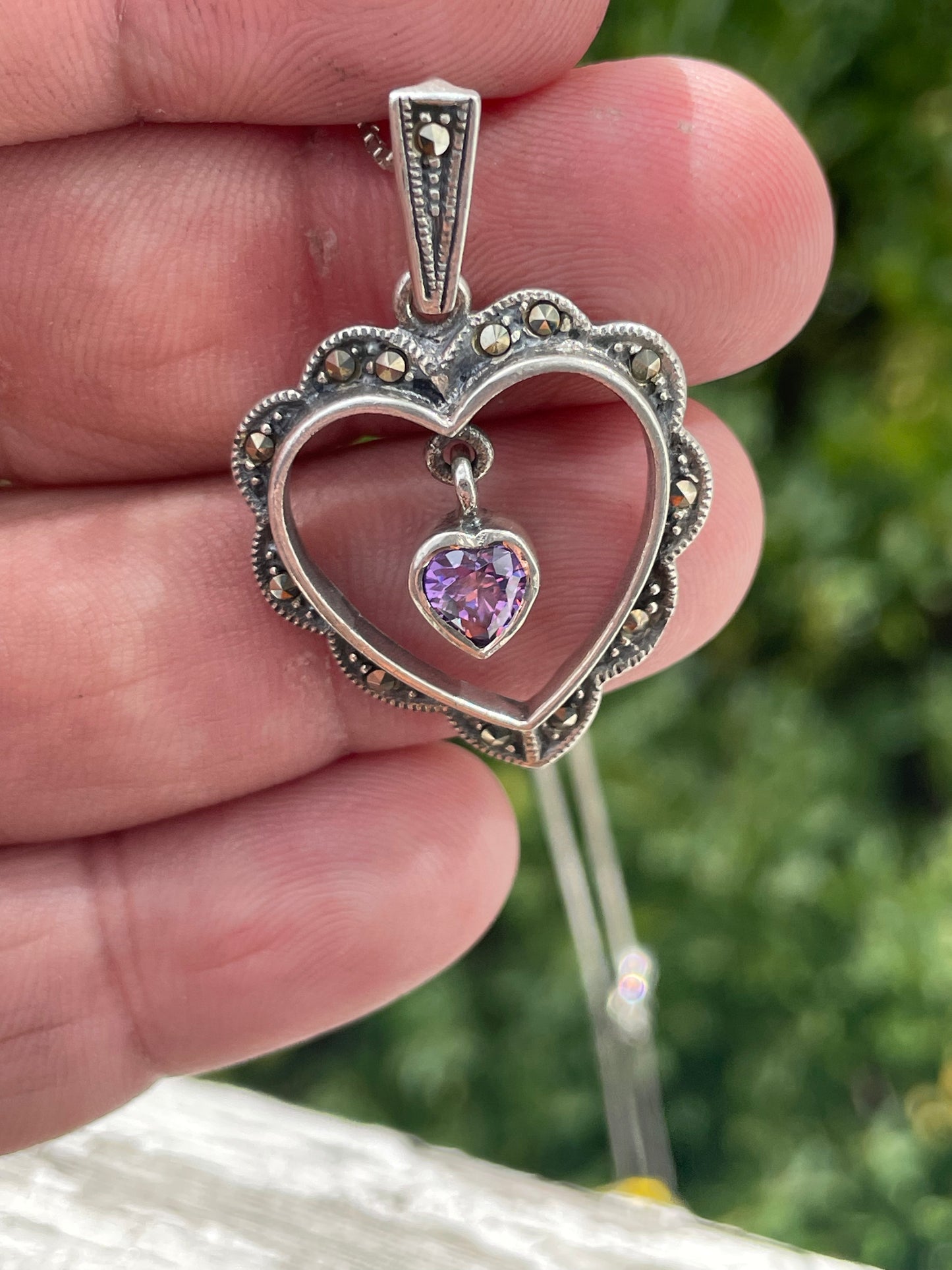925 Sterling Silver Amethyst & Marcasite Heart Necklace