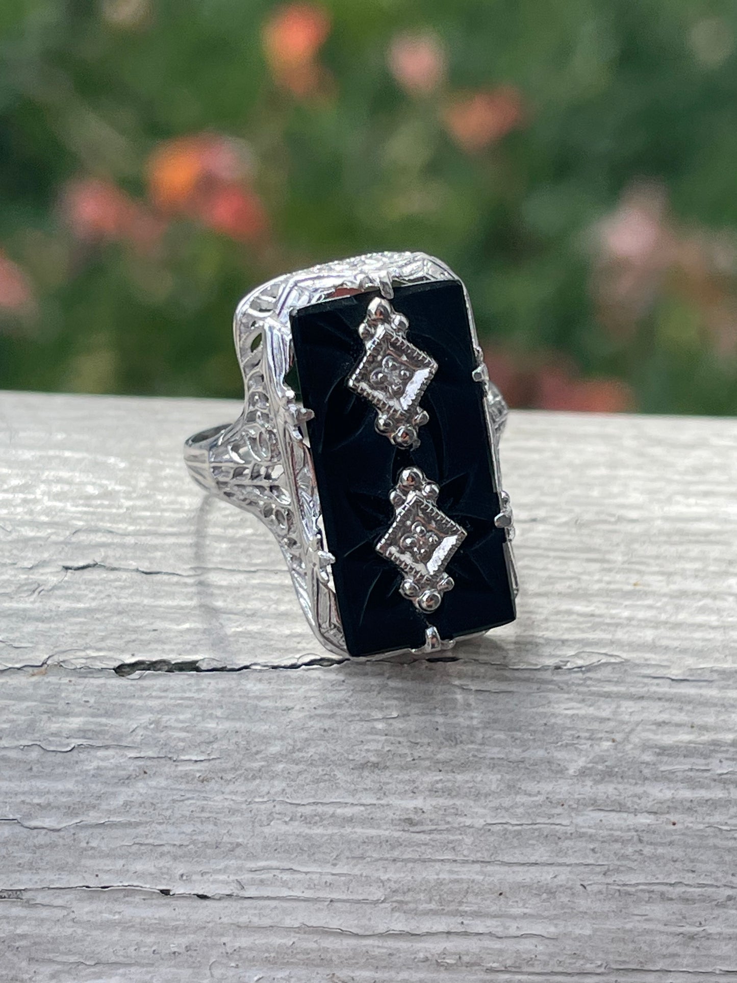 14k White Gold Black Onyx “My Resting Space” Diamond Embellishment Ring