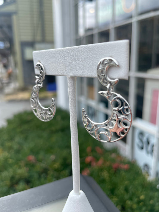 925 Sterling Silver Openwork Crescent Moon Dangle Earrings