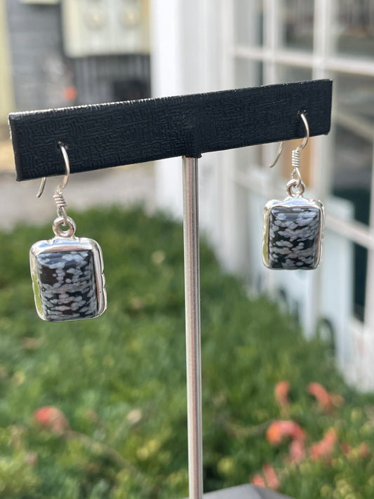 925 Sterling Silver Snowflake Obsidian Drop Earrings