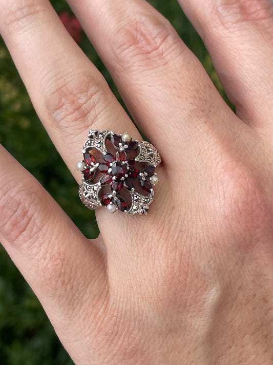 925 Sterling Silver “Vampire Queen” Garnet, Pearl & Marcasite Ring