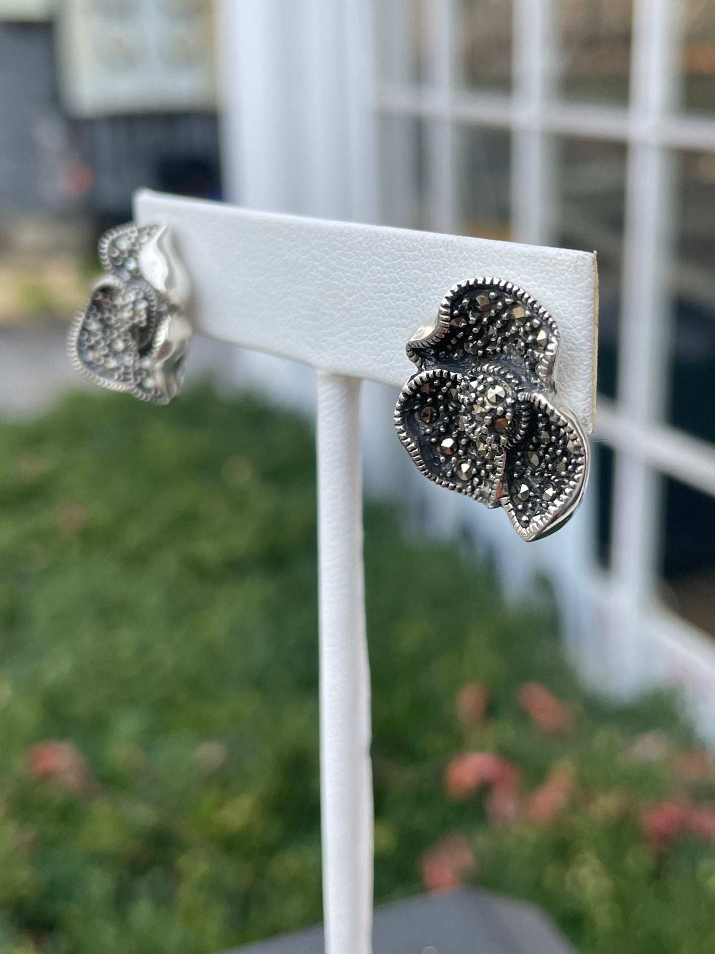 925 Sterling Silver Full Marcasite Rose Stud Earrings