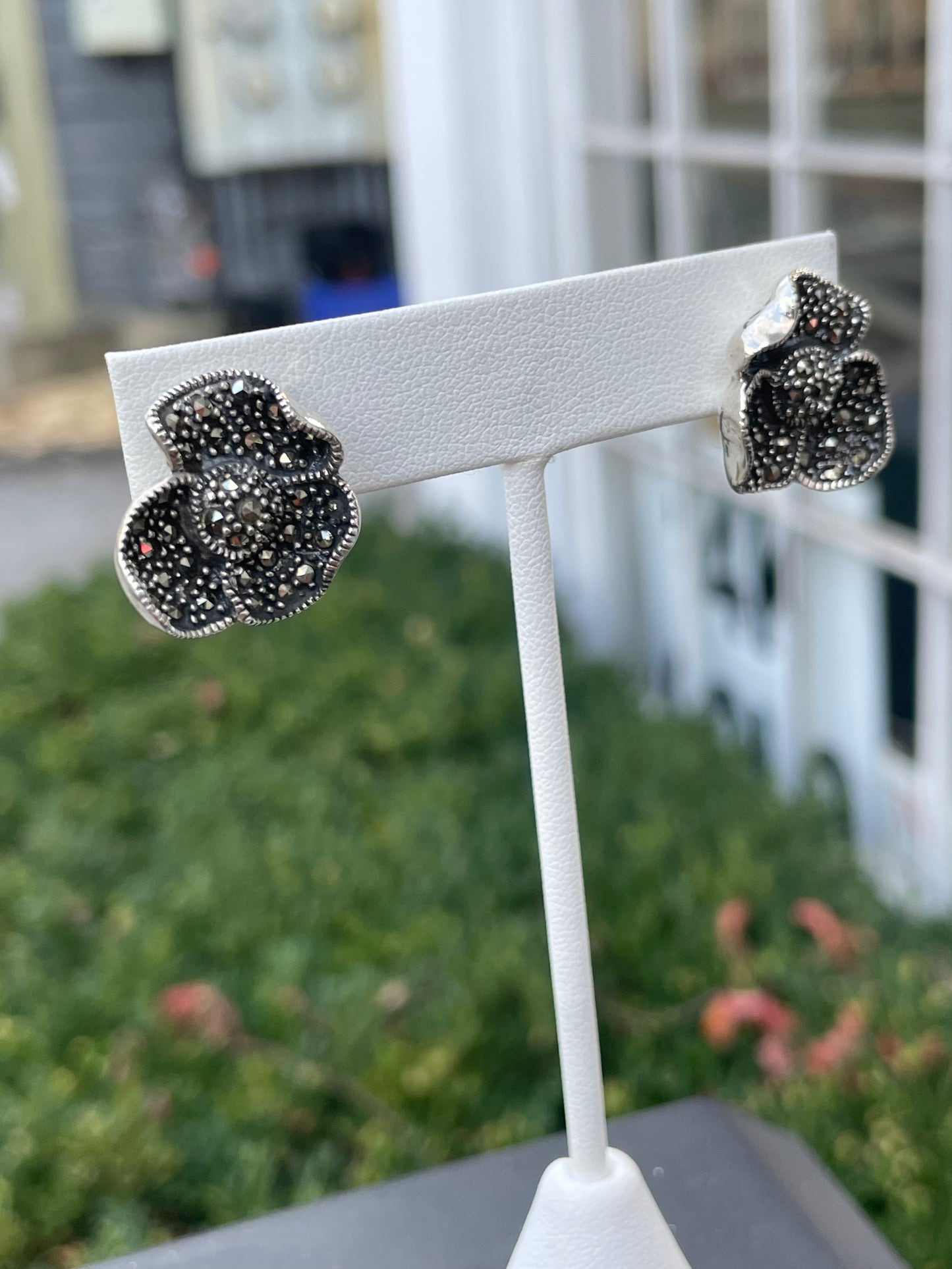 925 Sterling Silver Full Marcasite Rose Stud Earrings