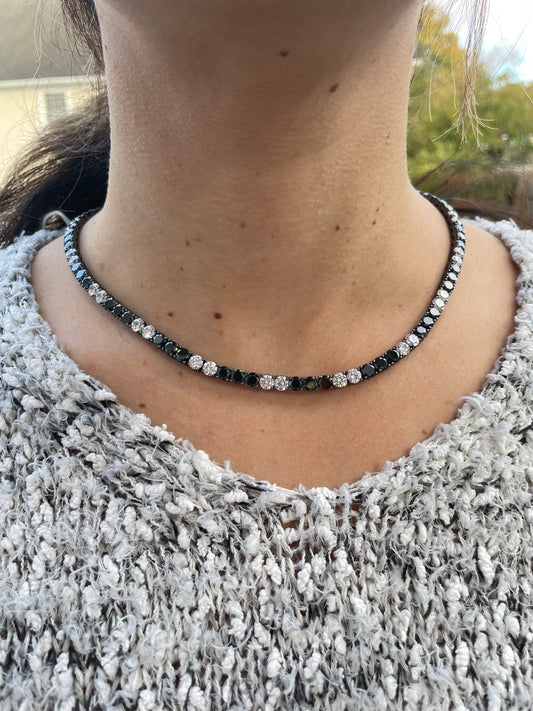 925 Oxidized Sterling Silver Black & White Zirconia Tennis Choker Necklace