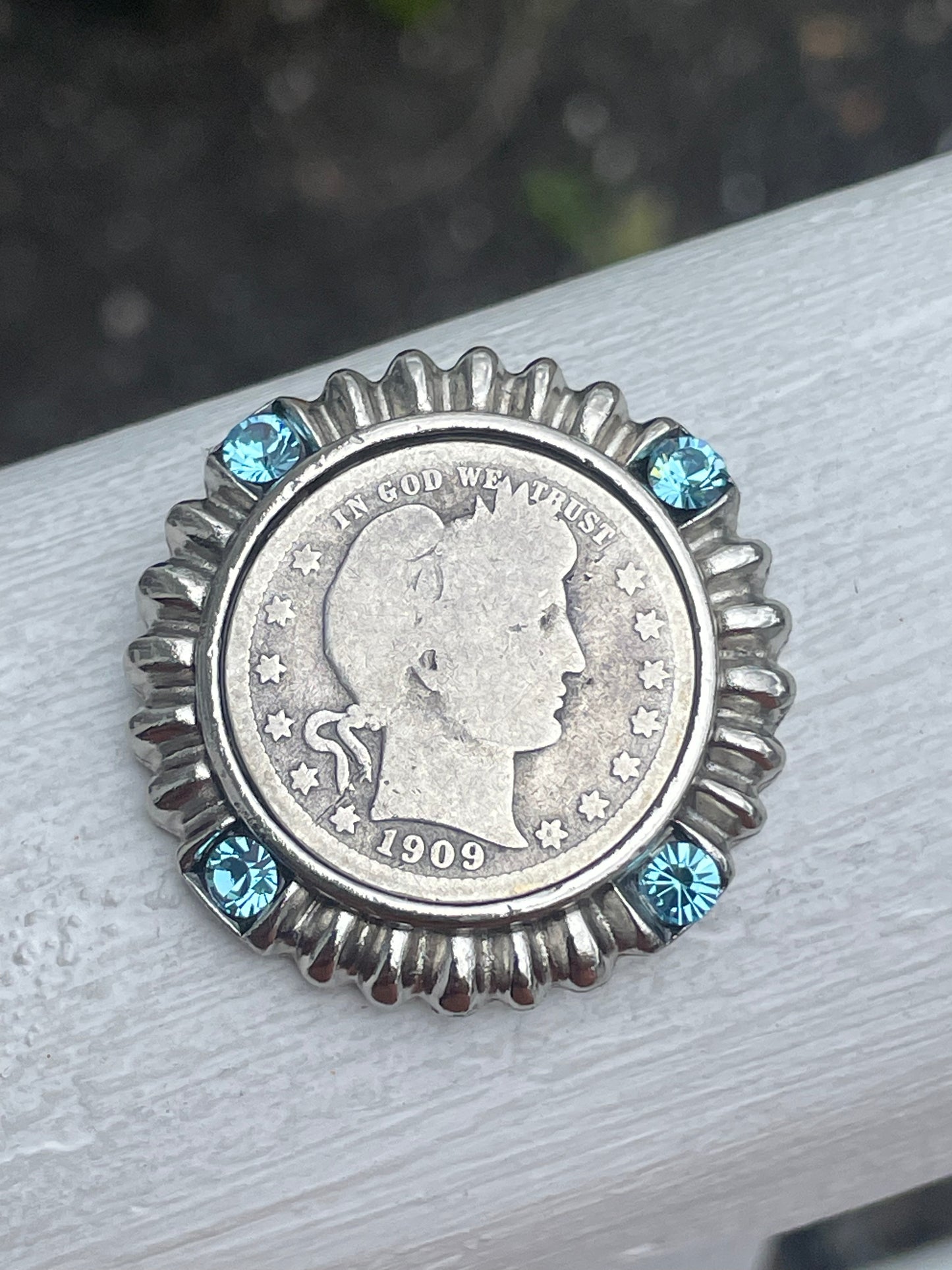 1909 Barber Quarter Handmade Custom Frame Pendant with Blue Topaz Stones