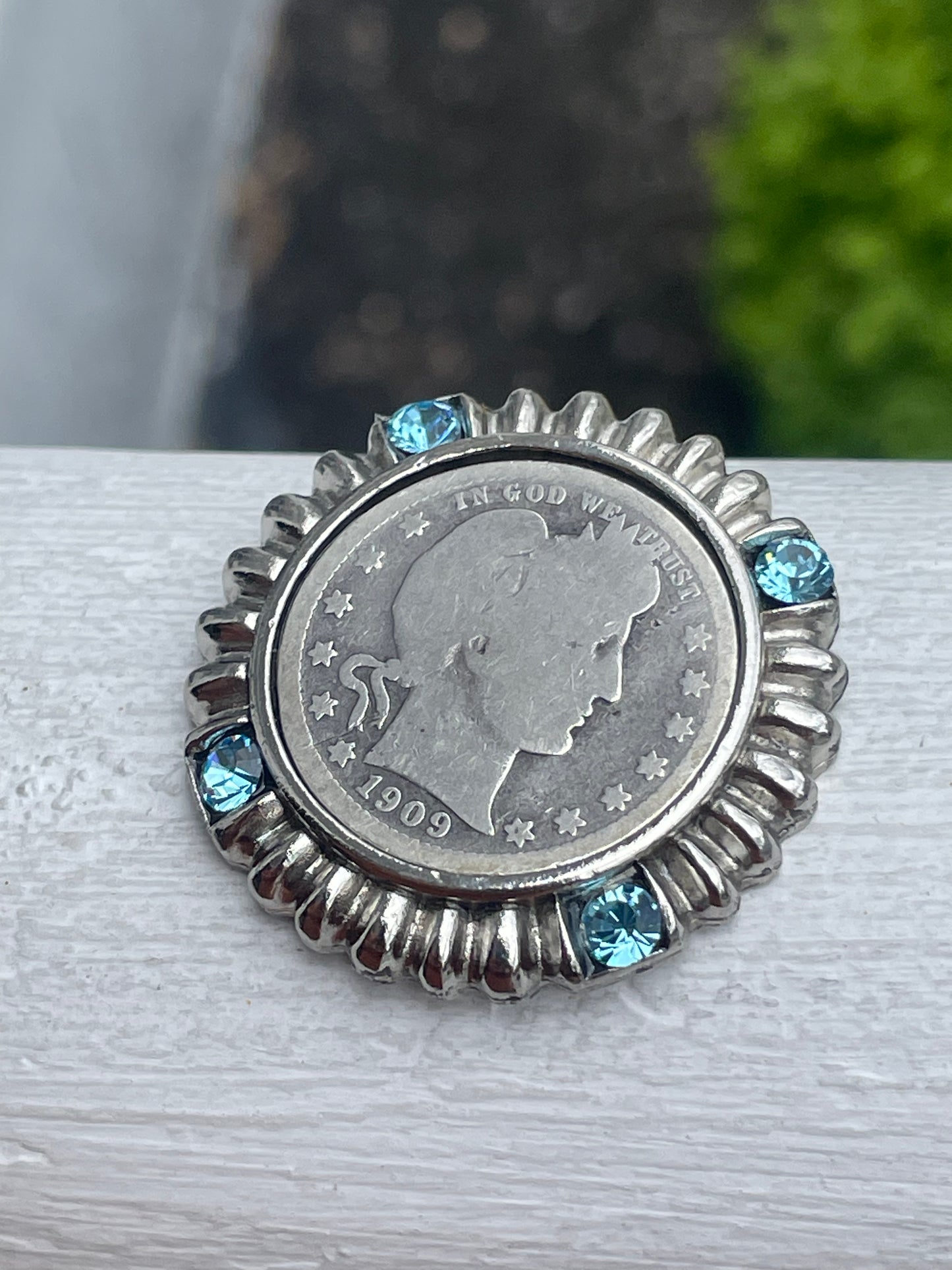 1909 Barber Quarter Handmade Custom Frame Pendant with Blue Topaz Stones