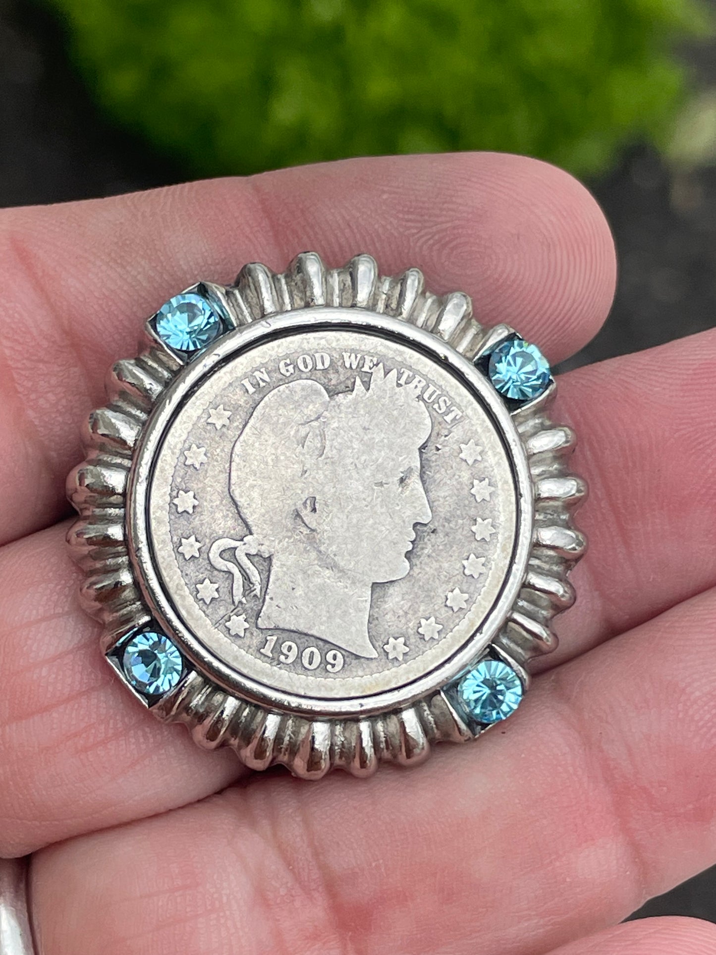 1909 Barber Quarter Handmade Custom Frame Pendant with Blue Topaz Stones