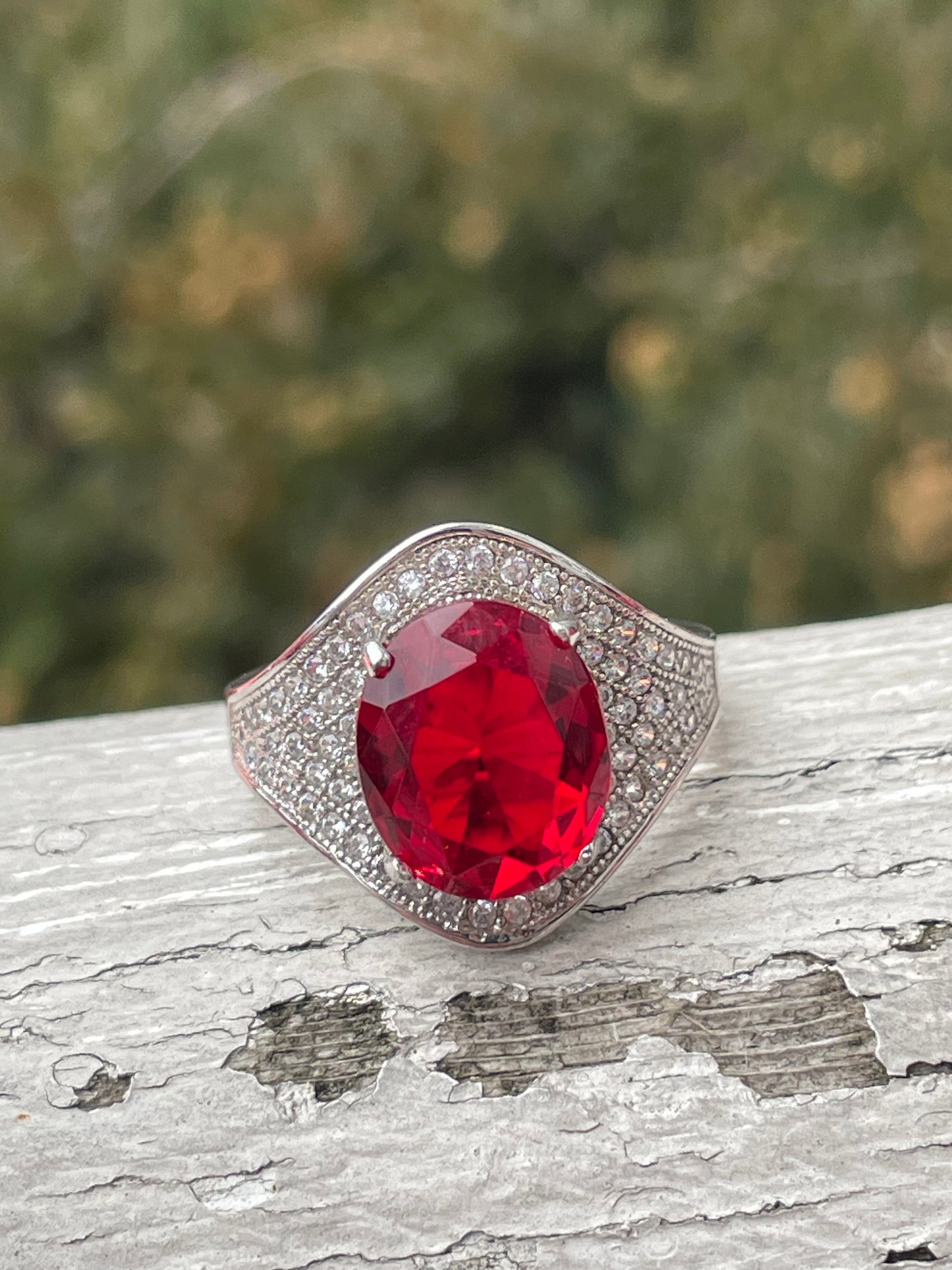 925 Sterling Silver Simulated Oval Ruby Micro-Pave’ Cz Shield Ring
