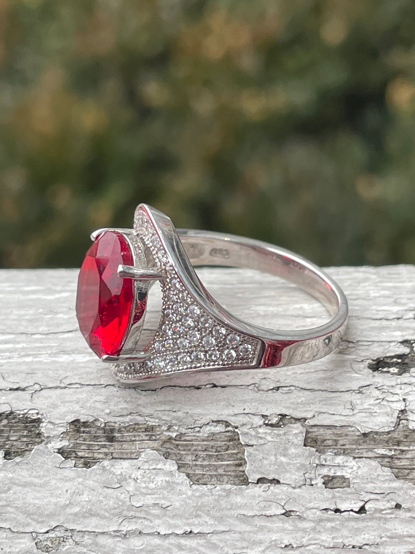 925 Sterling Silver Simulated Oval Ruby Micro-Pave’ Cz Shield Ring