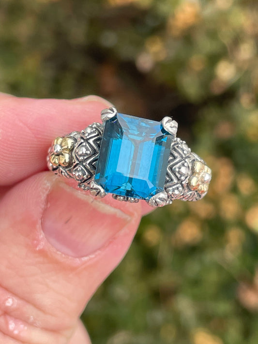 Designer Barbara Bixby London Blue Topaz 925 Silver & 18k Gold Ring
