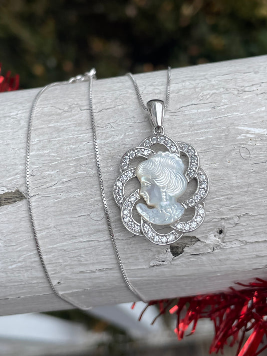 925 Sterling Silver Etched Lady Mother of Pearl & Cz Necklace