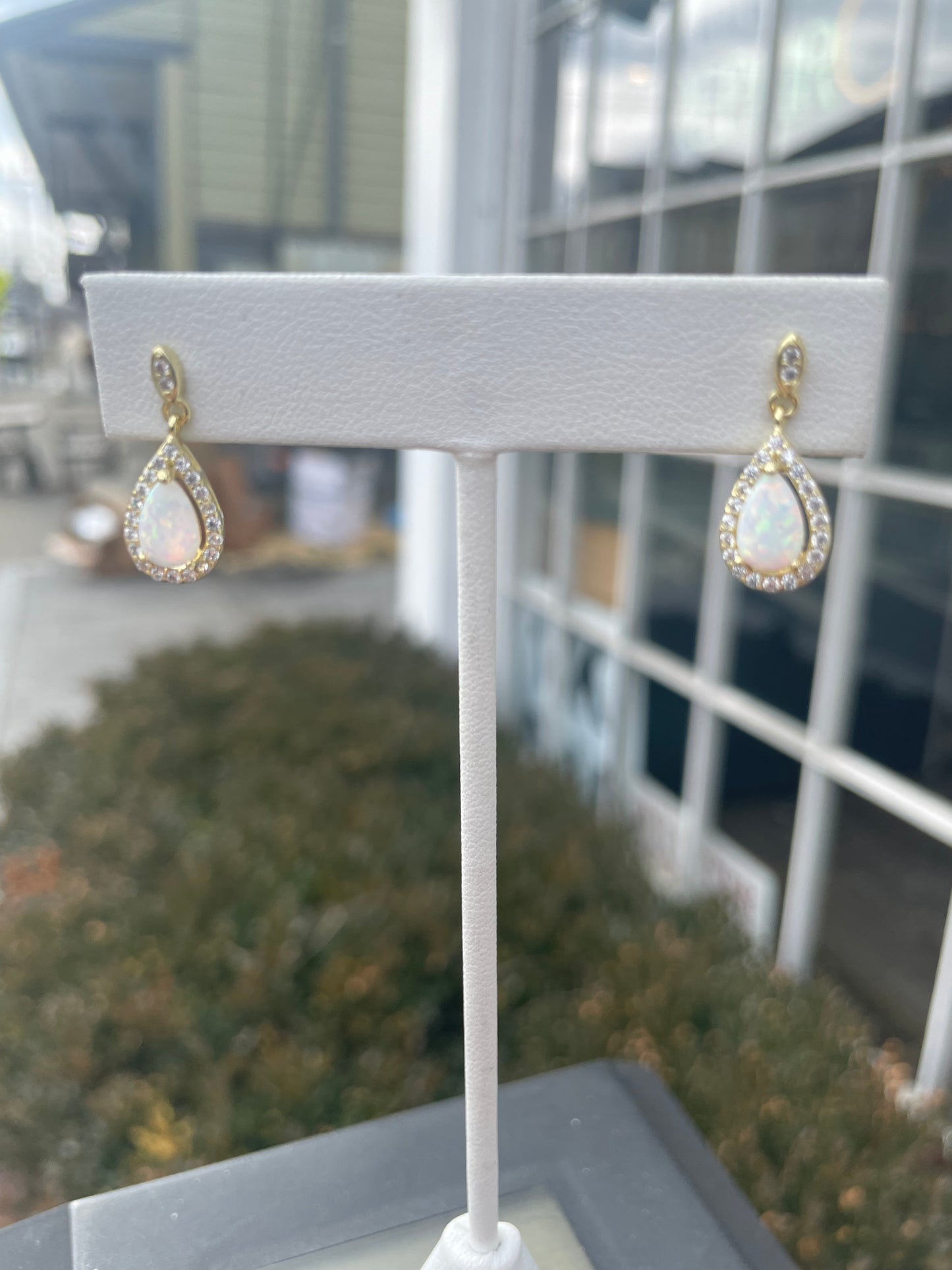925 Sterling Silver Vermeil Pear Shaped Opal & Cz Drop Earrings