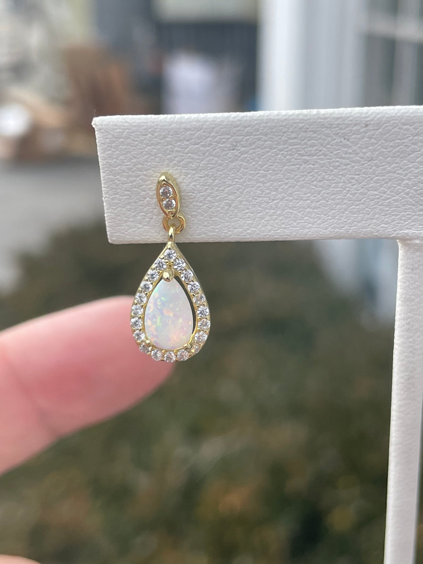 925 Sterling Silver Vermeil Pear Shaped Opal & Cz Drop Earrings