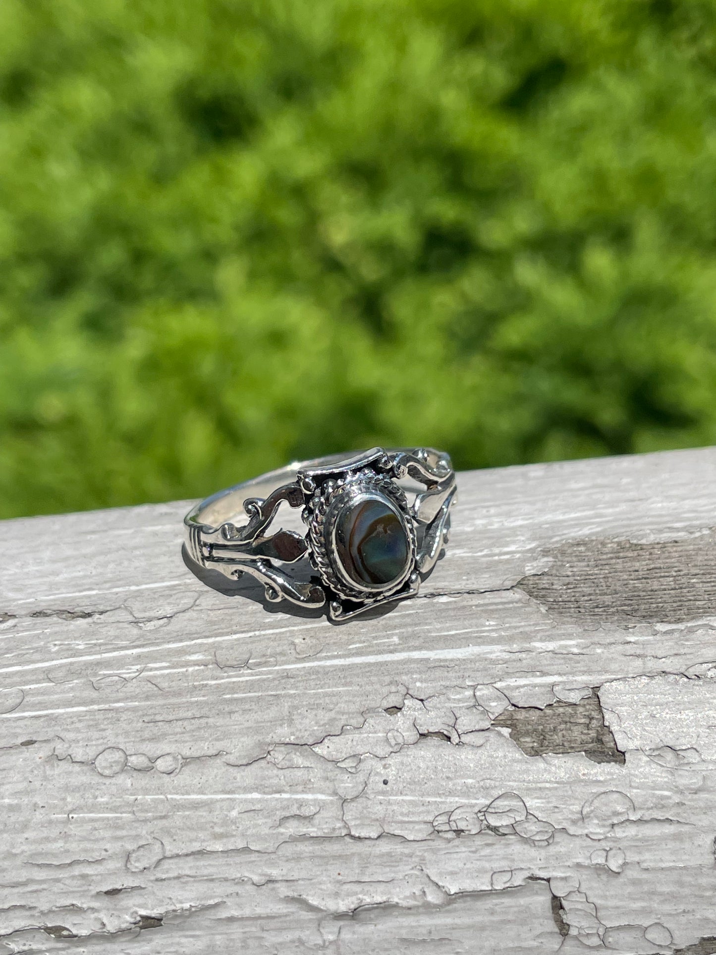 925 Sterling Silver Abalone Filigree Ring