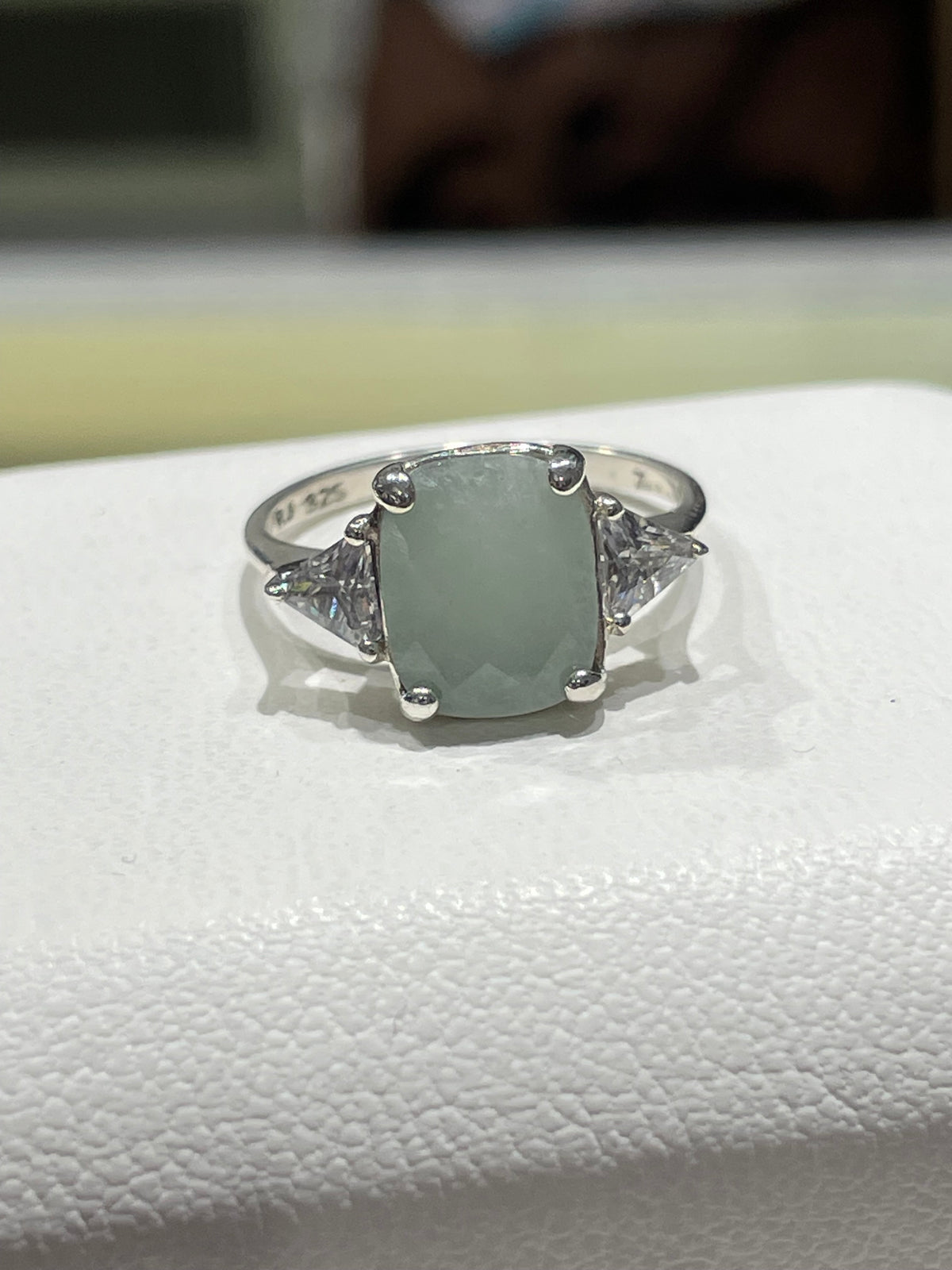 925 Sterling Silver Jade & Clear Zirconia Statement Ring Size 7