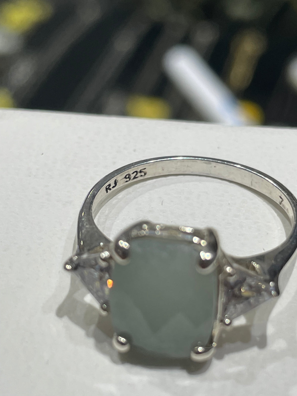 925 Sterling Silver Jade & Clear Zirconia Statement Ring Size 7