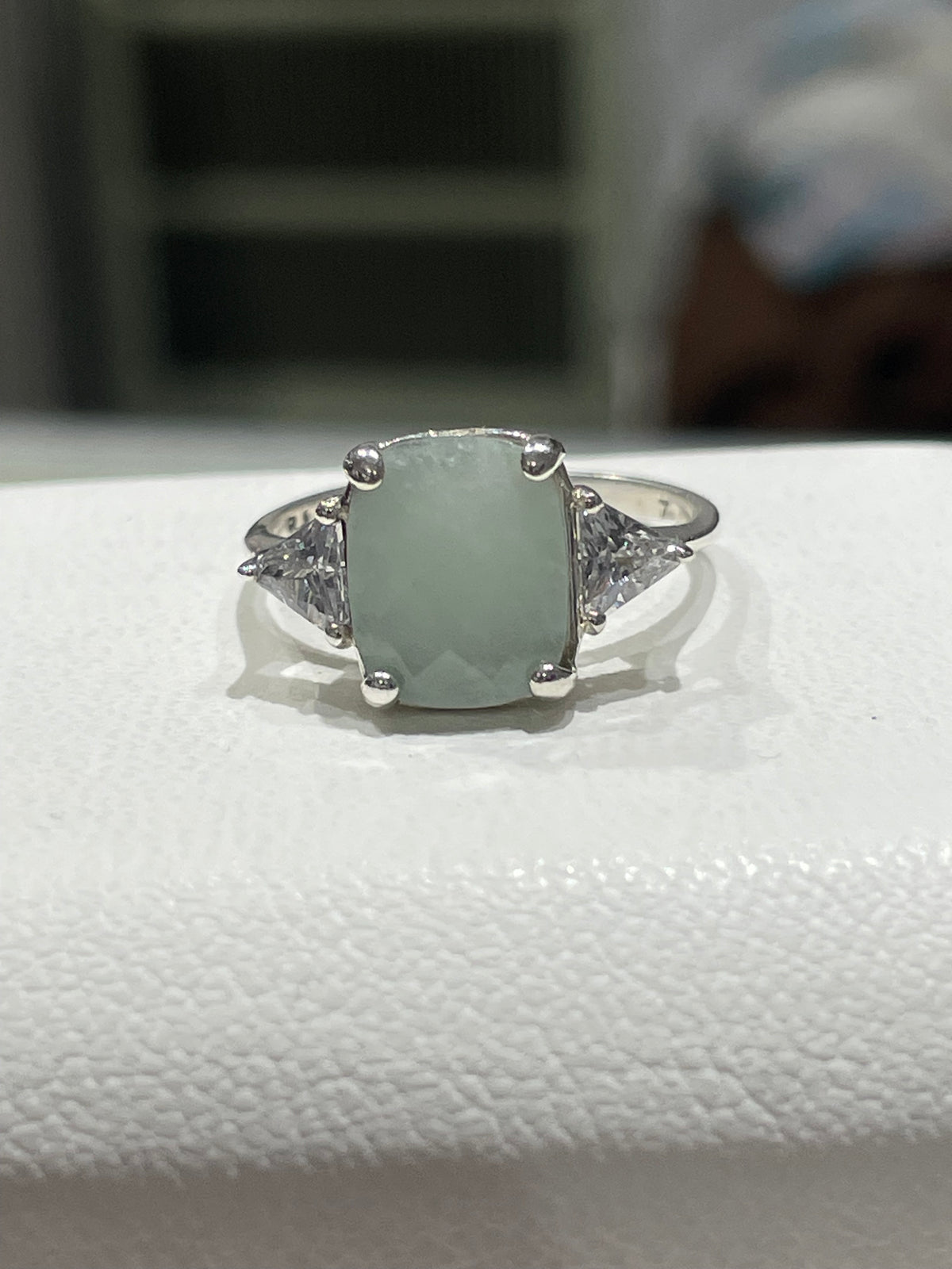 925 Sterling Silver Jade & Clear Zirconia Statement Ring Size 7