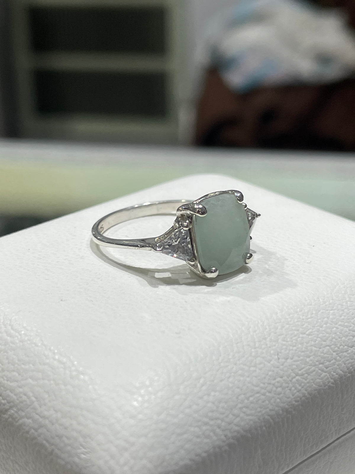 925 Sterling Silver Jade & Clear Zirconia Statement Ring Size 7