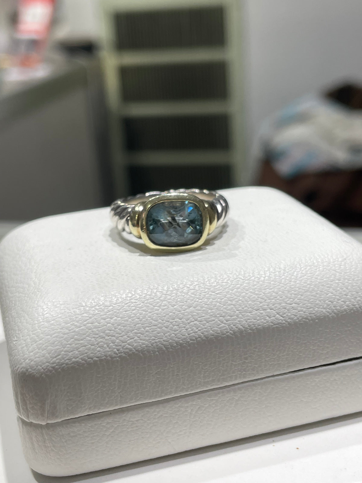 Retired David Yurman Blue Topaz 925 Sterling Silver & 14k Gold Noblesse Ring Size 7