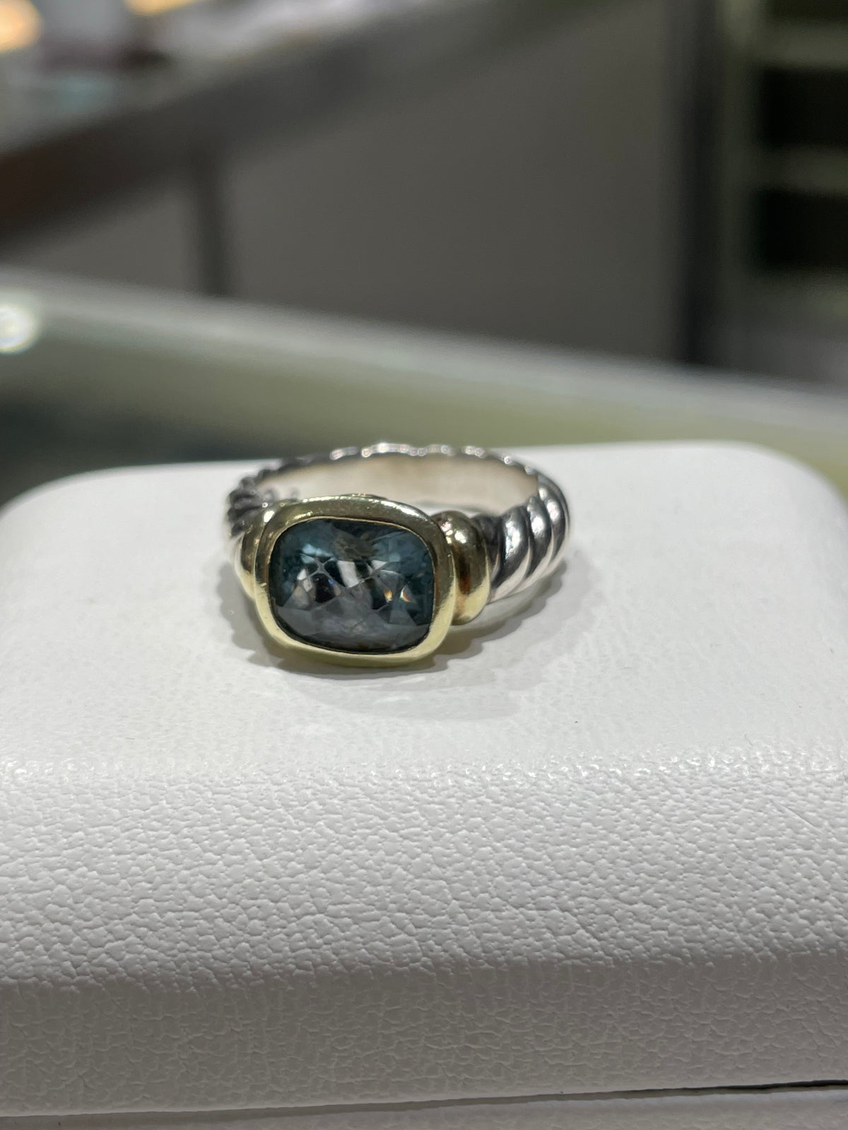 Retired David Yurman Blue Topaz 925 Sterling Silver & 14k Gold Noblesse Ring Size 7