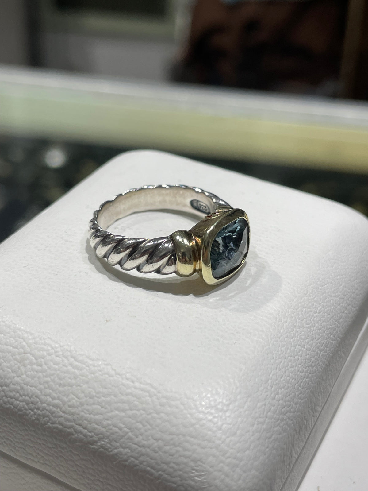 Retired David Yurman Blue Topaz 925 Sterling Silver & 14k Gold Noblesse Ring Size 7