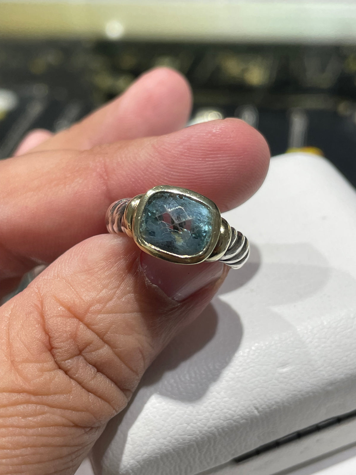Retired David Yurman Blue Topaz 925 Sterling Silver & 14k Gold Noblesse Ring Size 7