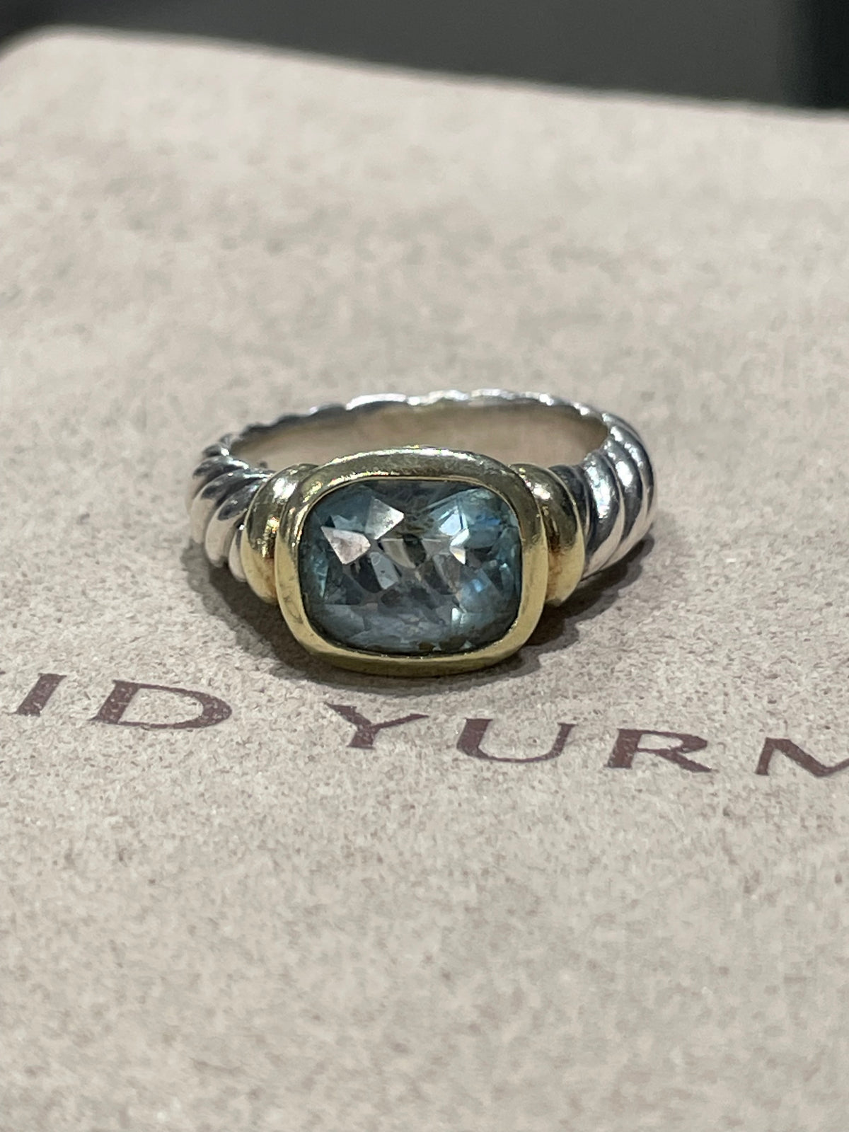 Retired David Yurman Blue Topaz 925 Sterling Silver & 14k Gold Noblesse Ring Size 7