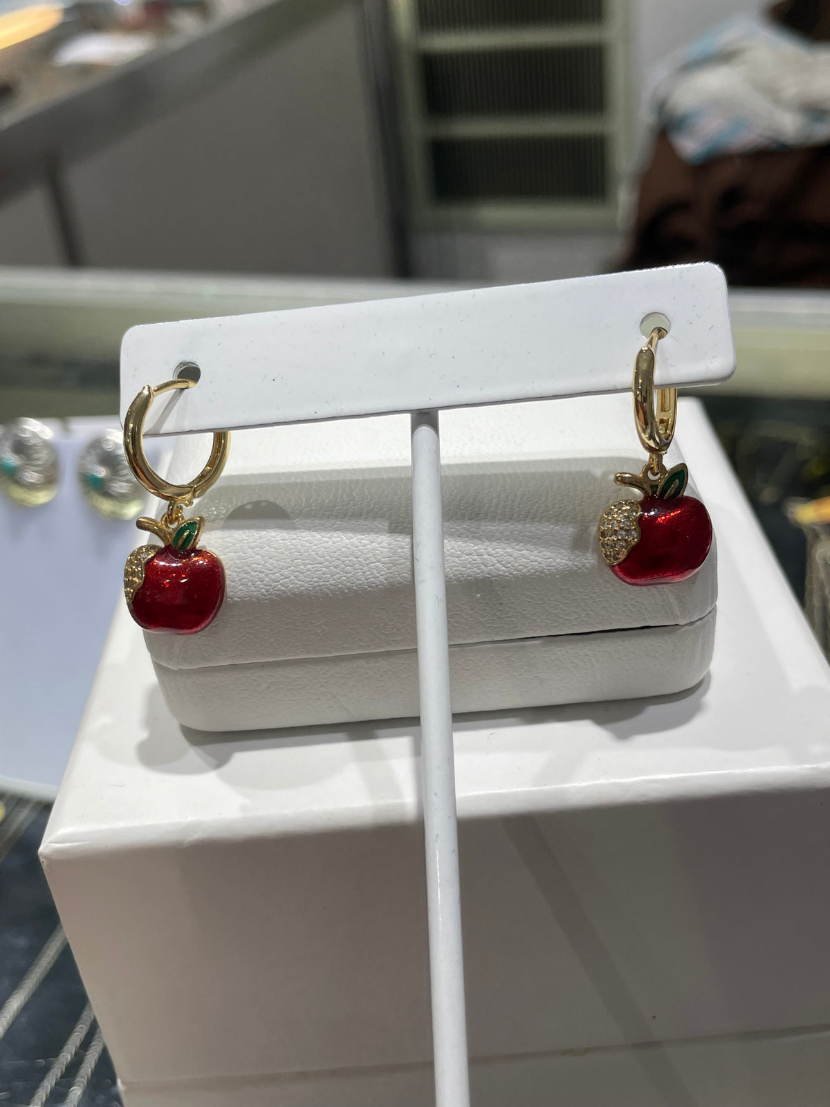 Gold Tone Huggie Hoop Dangle Apple Charm Earrings