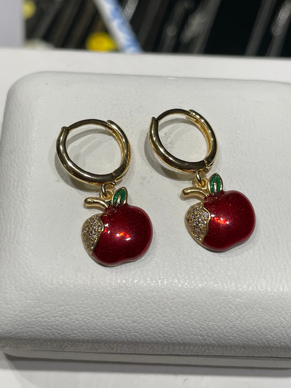 Gold Tone Huggie Hoop Dangle Apple Charm Earrings