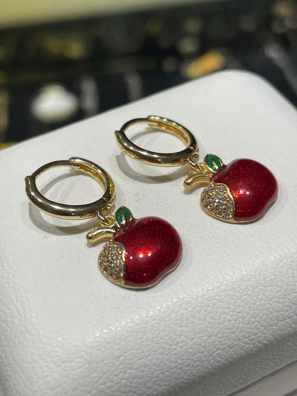 Gold Tone Huggie Hoop Dangle Apple Charm Earrings