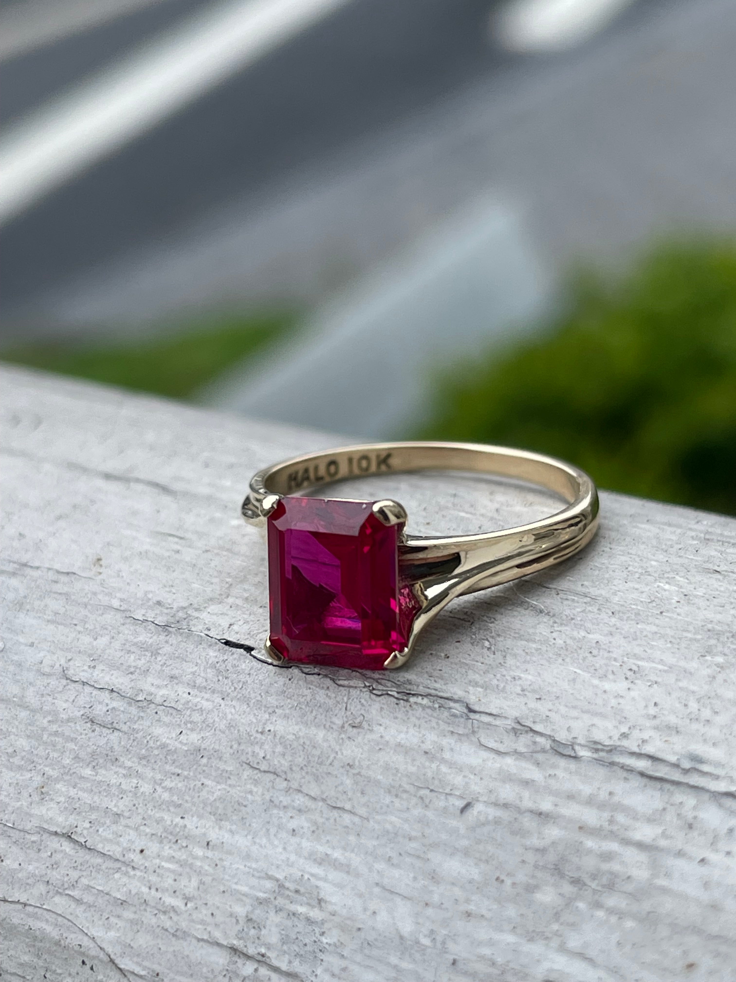 10K Gold Emerald Cut Synthetic Ruby Solitare Ring – Joint 2 Jewelers