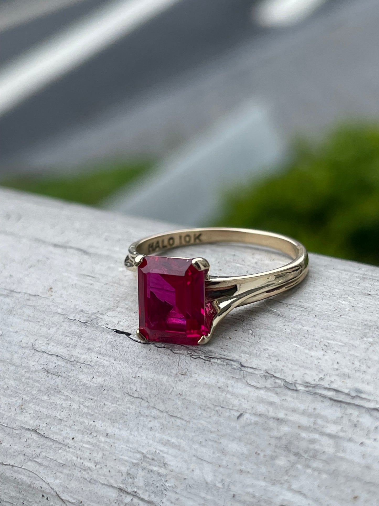 10K Gold Emerald Cut Synthetic Ruby Solitare Ring