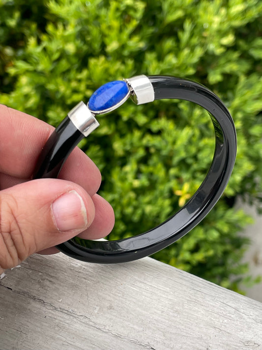 Black Onyx & Blue Lapis 925 Sterling Silver bangle bracelet