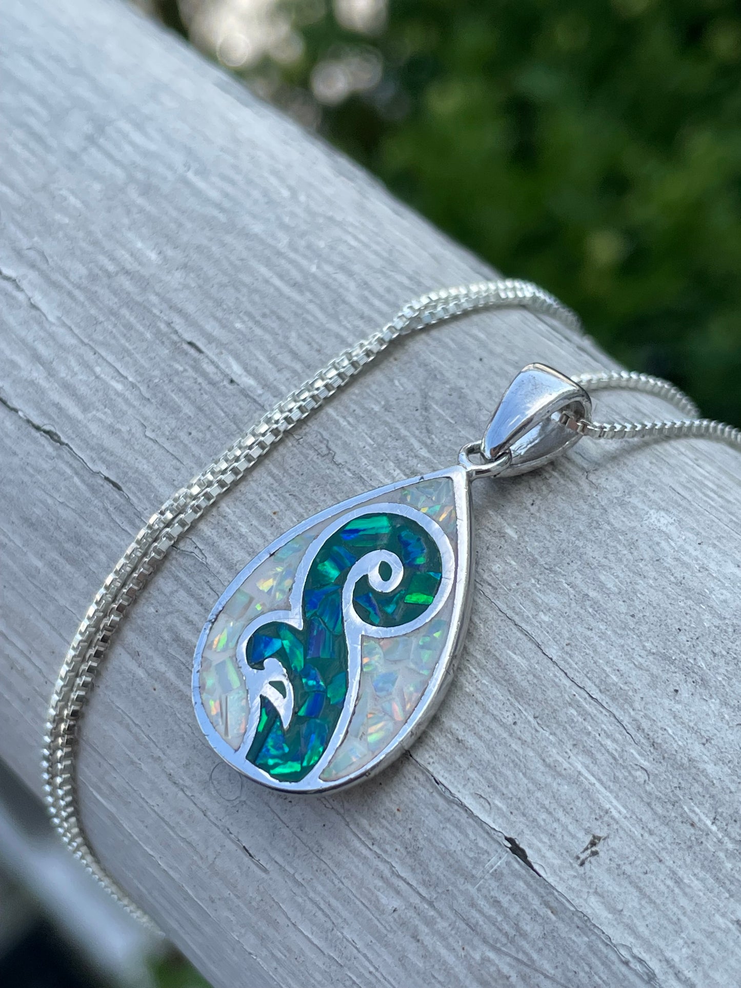 925 Sterling Silver Mosaic White & Blue Opal Teardrop Necklace