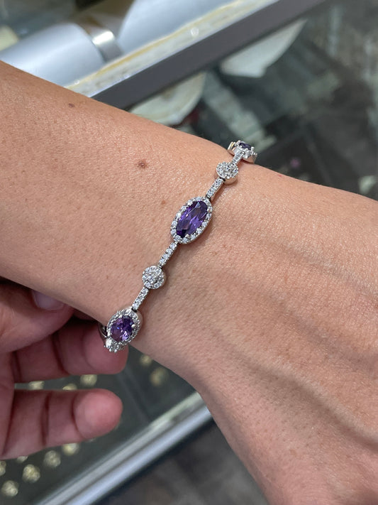 925 Sterling Silver Lab Amethyst and Cz Tennis Bracelet