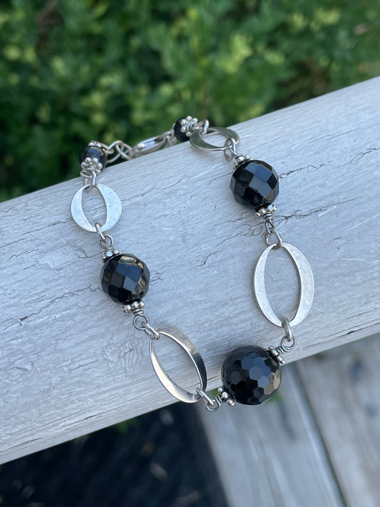 925 Sterling Silver Oval Link & Black Obsidian bead bracelet