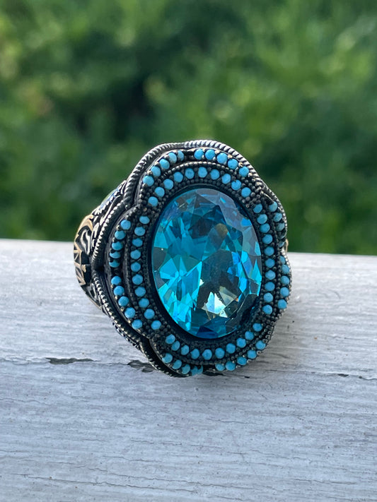 925 Sterling Silver Hampton Blue Topaz & Turquoise Mens Ring