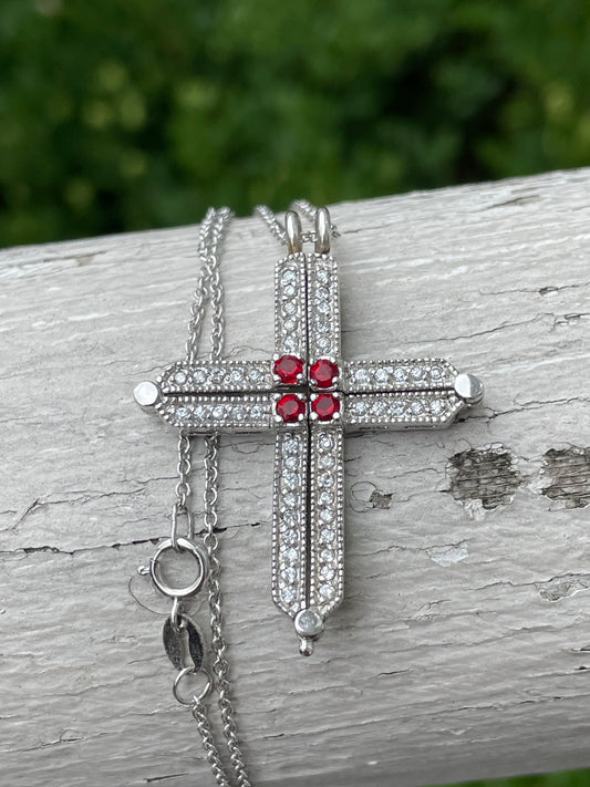 925 Sterling Silver Clear & Red Zirconia Reversible Cross Necklace