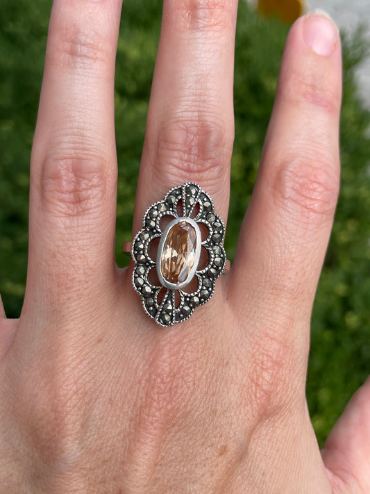 925 Sterling Silver Citrine & Marcasite Cluster Ring sz 9.5