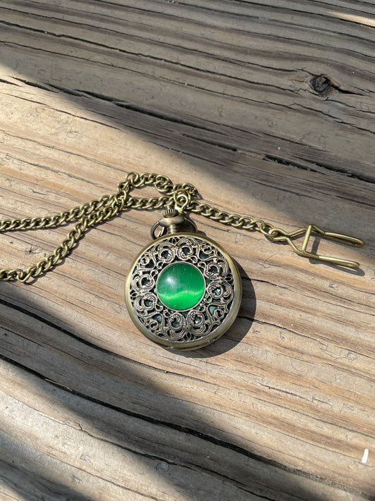 Green Aventurine Stone Brass Pocketwatch with belt clip
