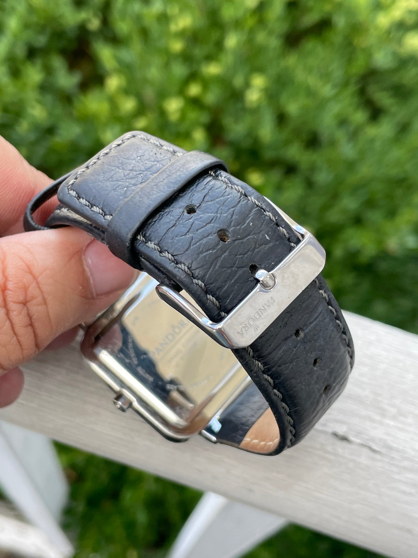 Pandora Liquid Silver Black Leather Watch