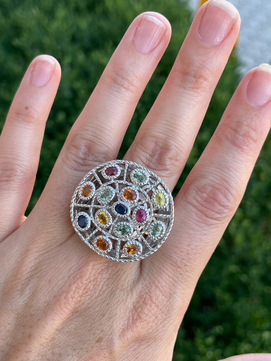 925 Sterling Silver Multi-Color Synthetic Stones Cluster Ring