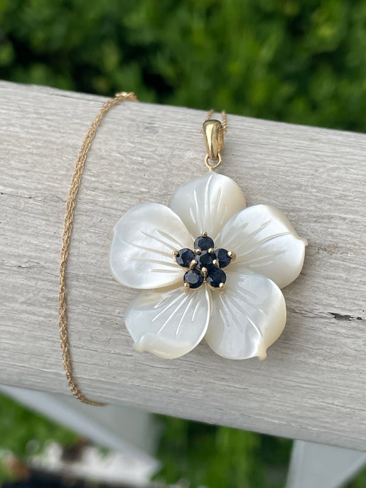 14K Gold Mother of Pearl & Sapphire Hibiscus Flower Necklace