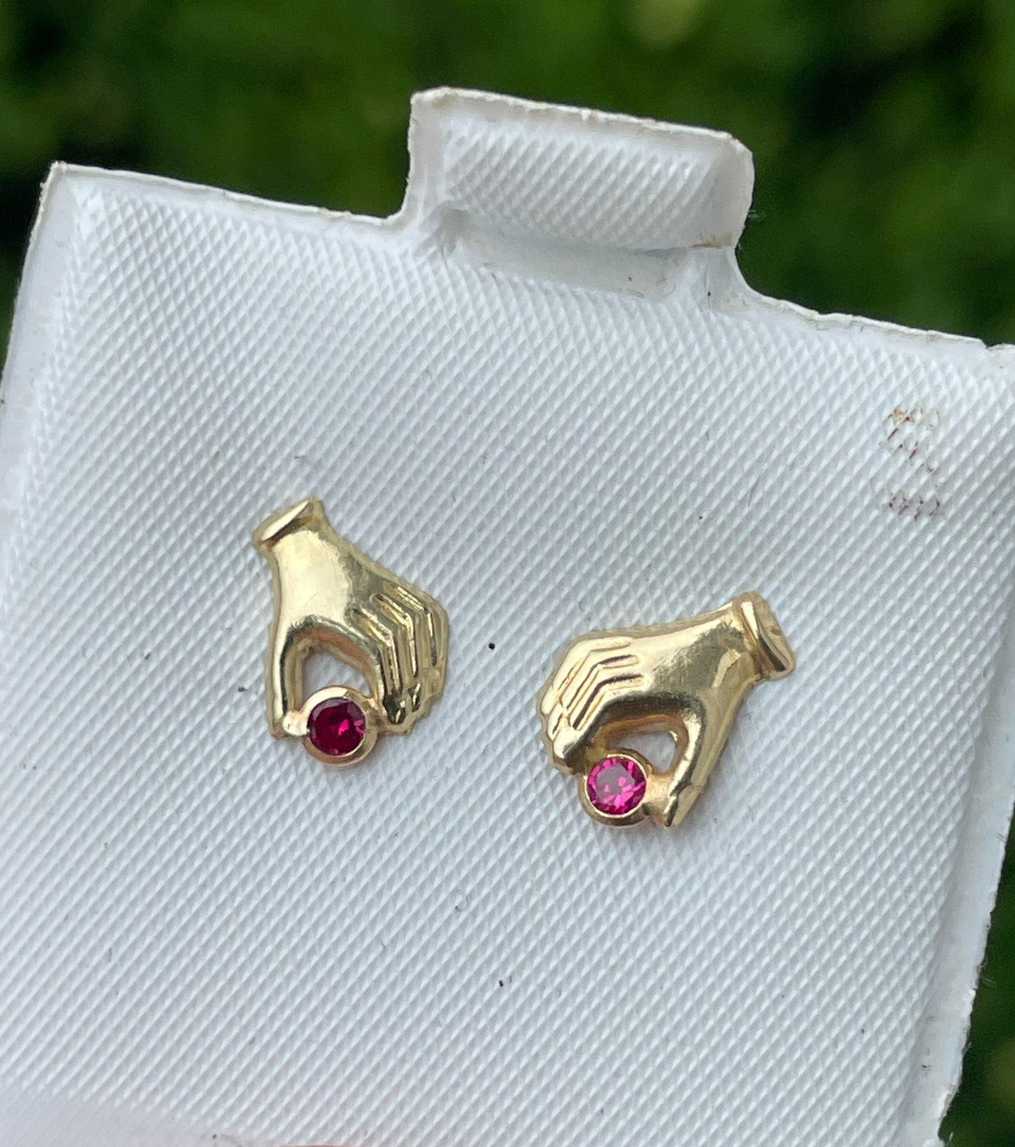 14K Open Hand Holding Ruby Stud Earrings