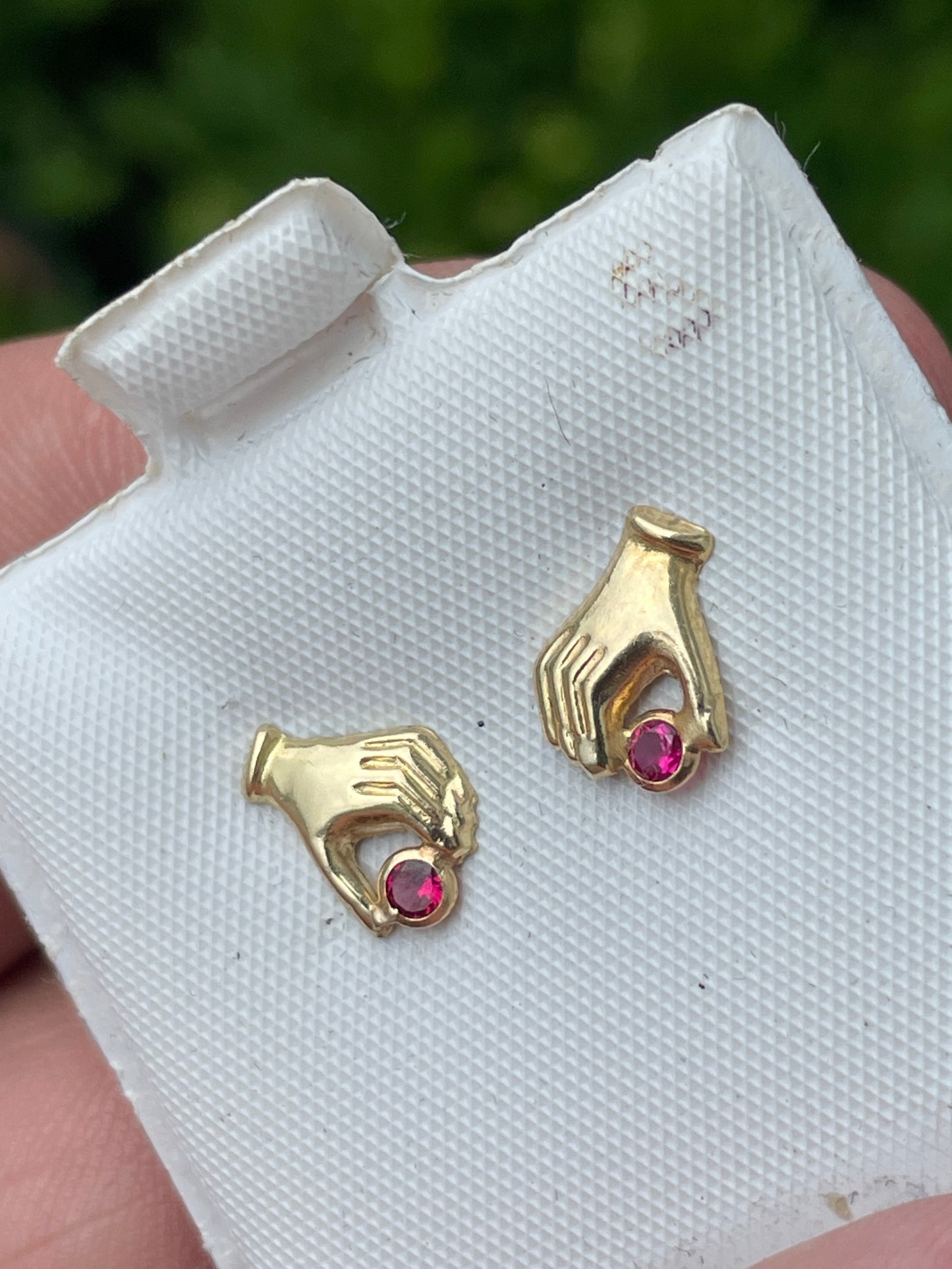 14K Open Hand Holding Ruby Stud Earrings